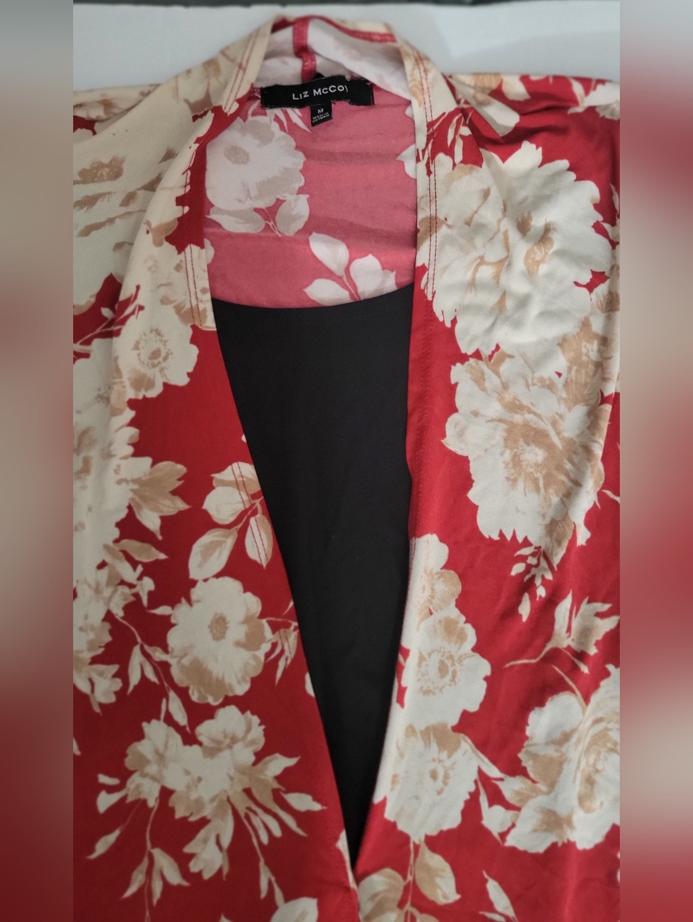 Liz McCoy Floral Open-Front Blouse in Red and Cream Size M